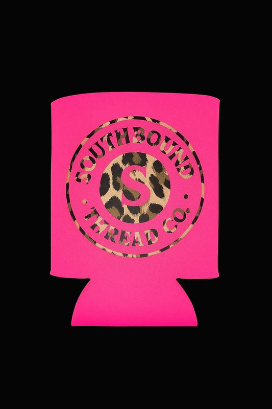 Hot pink with a leopard print logo.